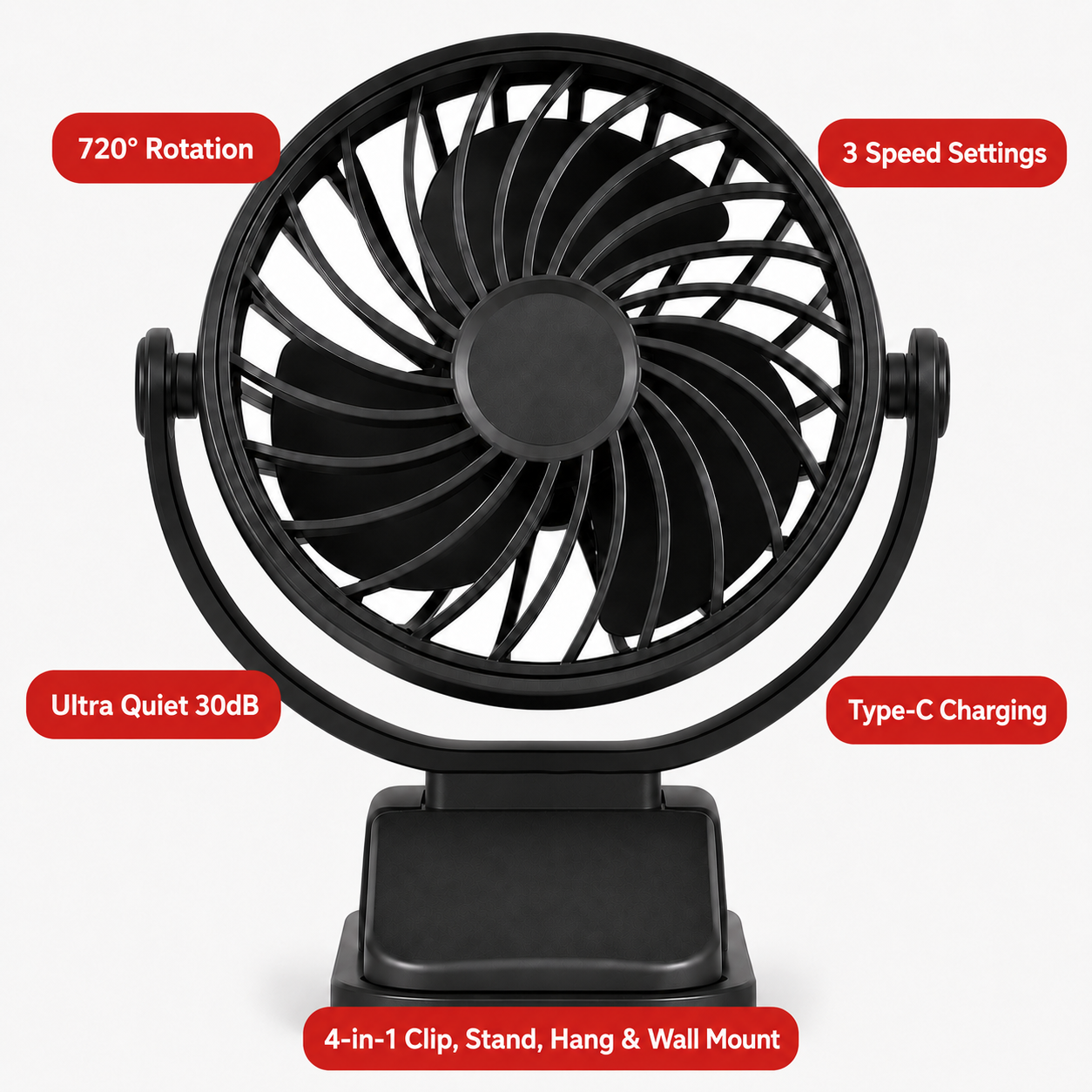 Rechargeable Clip Portable Fan 4-in-1 | 720° Rotation | 3 Speed | USB-C